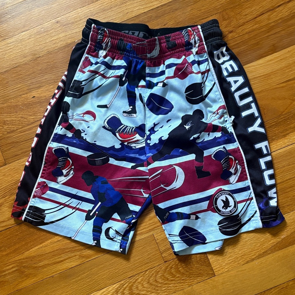 Flow Society Hockey Print Athletic Shorts — White, Red, Blue, Black